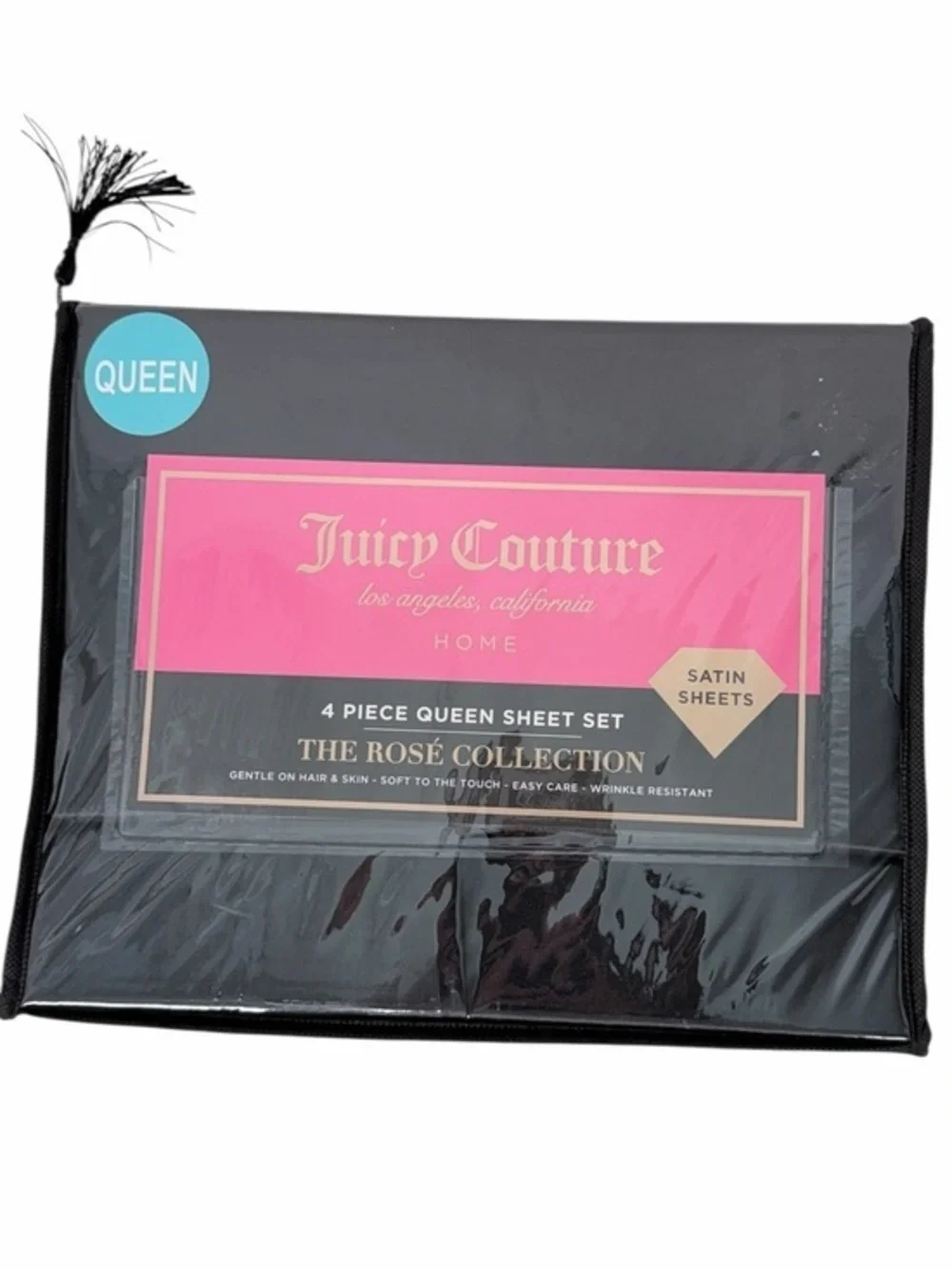 Juicy Couture Queen Satin Sheet Set The Rose Collection Black 4 Piece sheet Set